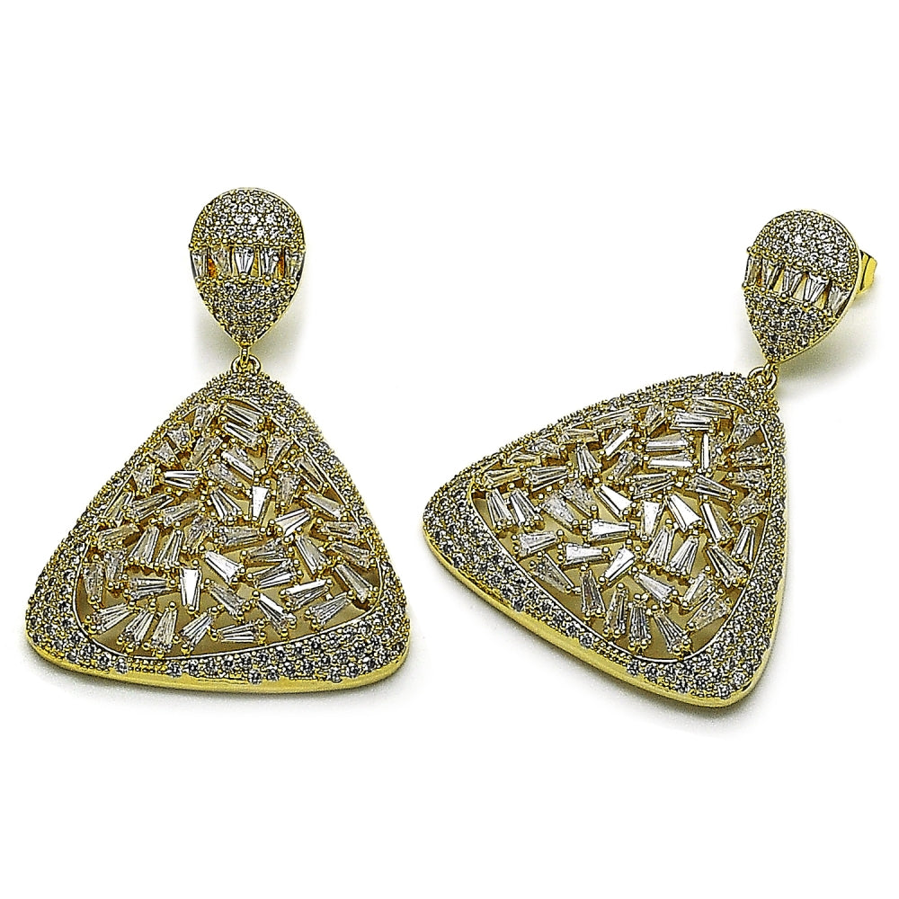 Oro Laminado Stud Earring, Gold Filled Style Teardrop and Baguette Design, with White Cubic Zirconia and White Micro Pave, Polished, Golden Finish