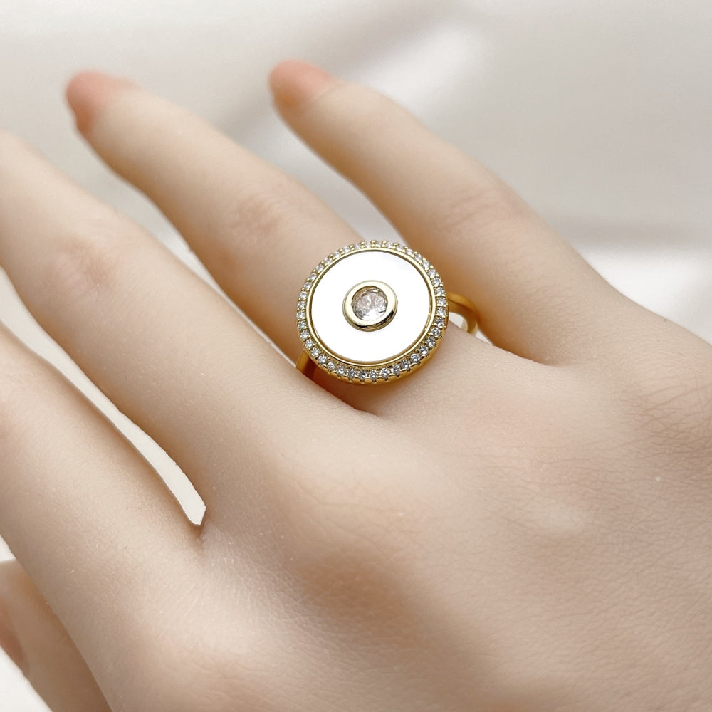 Oro Laminado Multi Stone Ring, Gold Filled Style Cluster Design, with Ivory Mother of Pearl and White Cubic Zirconia, Polished, Golden Finish