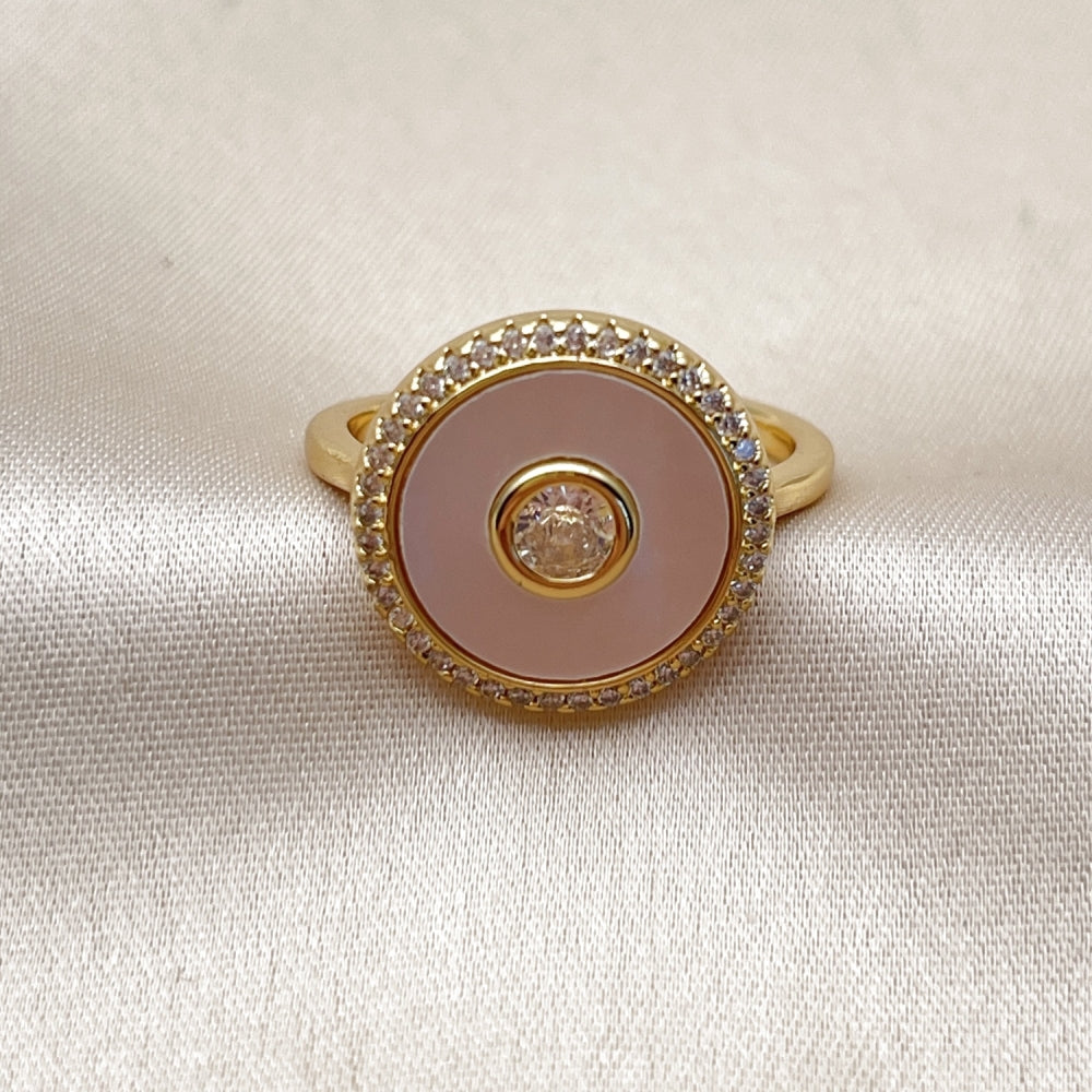Oro Laminado Multi Stone Ring, Gold Filled Style Cluster Design, with Ivory Mother of Pearl and White Cubic Zirconia, Polished, Golden Finish