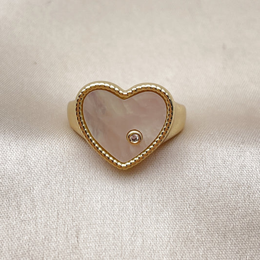 Oro Laminado Multi Stone Ring, Gold Filled Style Heart Design, with Ivory Mother of Pearl and White Cubic Zirconia, Polished, Golden Finish