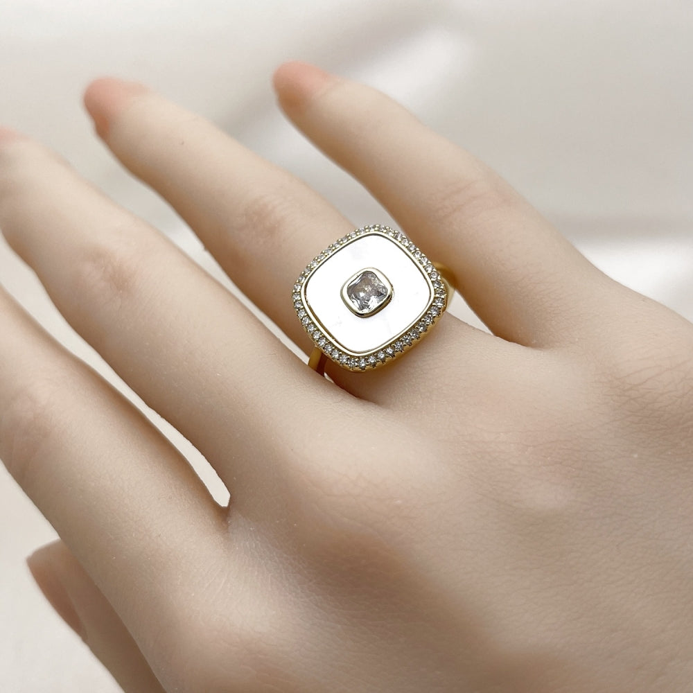 Oro Laminado Multi Stone Ring, Gold Filled Style Cluster Design, with Ivory Mother of Pearl and White Cubic Zirconia, Polished, Golden Finish