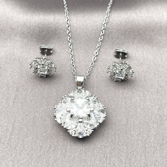 Rhodium Gold Filled Earring and Pendant Adult Set, Cluster Design, with White Cubic Zirconia, Polished, Rhodium Finish