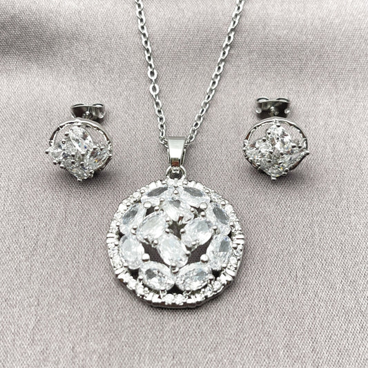 Rhodium Gold Filled Earring and Pendant Adult Set, Flower Design, with White Cubic Zirconia, Polished, Rhodium Finish