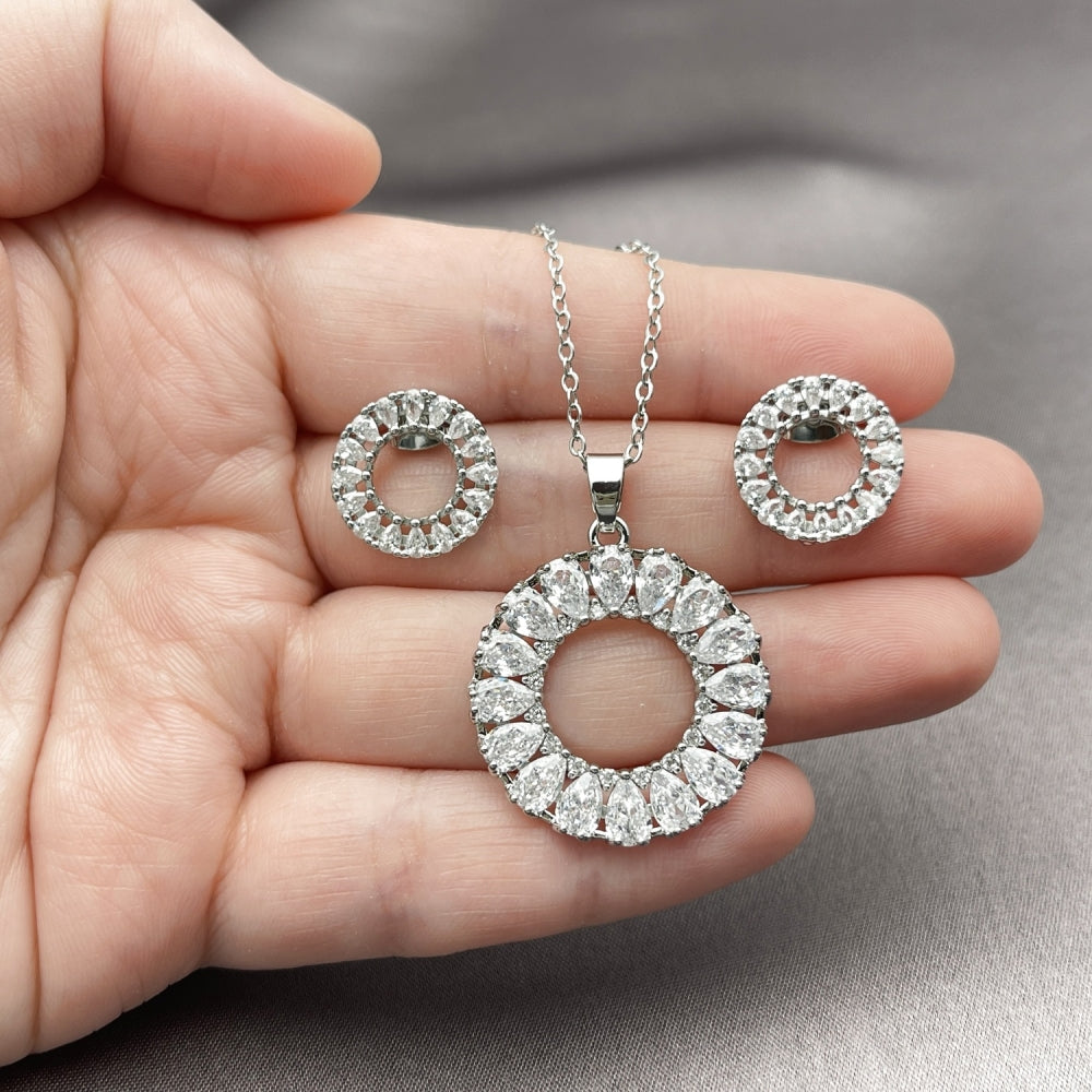 Rhodium Gold Filled Earring and Pendant Adult Set, Teardrop Design, with White Cubic Zirconia, Polished, Rhodium Finish