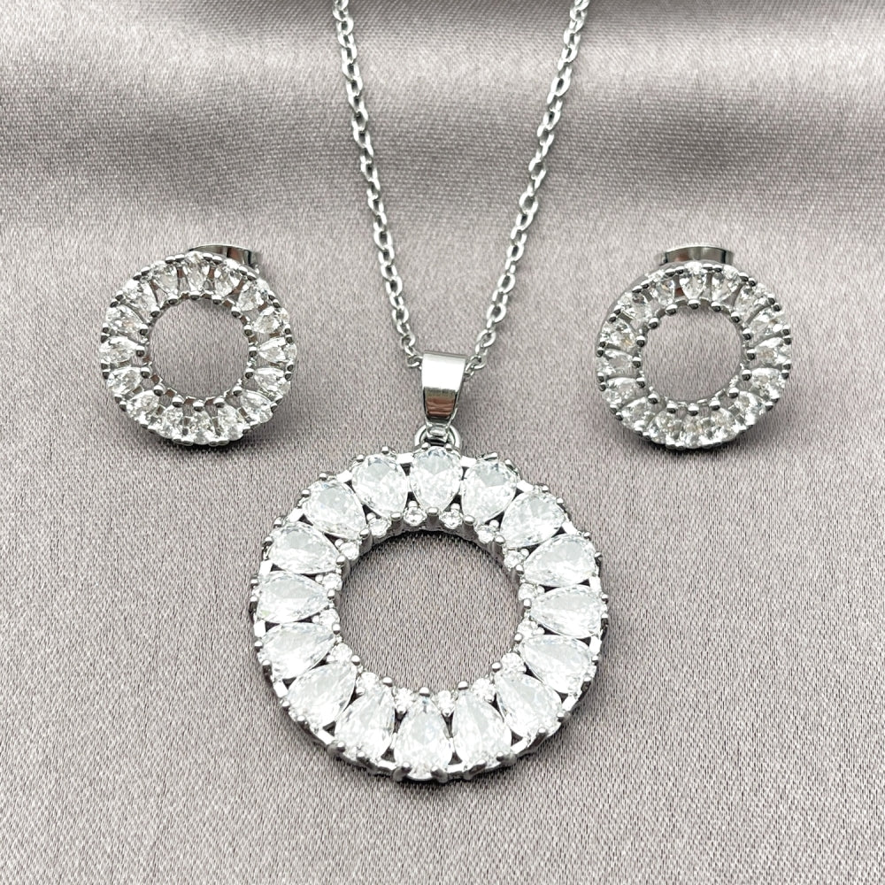 Rhodium Gold Filled Earring and Pendant Adult Set, Teardrop Design, with White Cubic Zirconia, Polished, Rhodium Finish