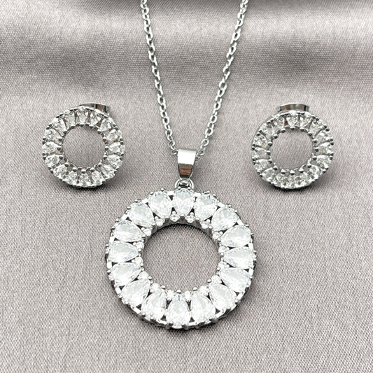 Rhodium Gold Filled Earring and Pendant Adult Set, Teardrop Design, with White Cubic Zirconia, Polished, Rhodium Finish