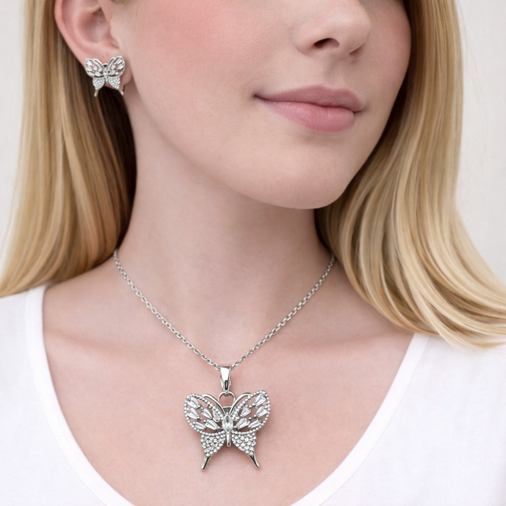 Rhodium Gold Filled Earring and Pendant Adult Set, Butterfly and Baguette Design, with White Cubic Zirconia and White Micro Pave, Polished, Rhodium Finish
