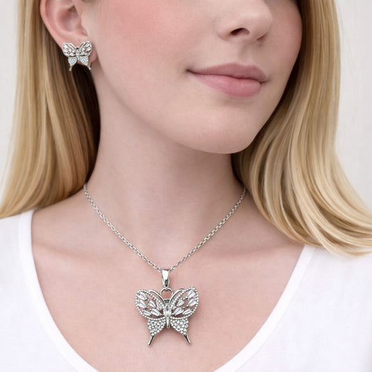 Rhodium Gold Filled Earring and Pendant Adult Set, Butterfly and Baguette Design, with White Cubic Zirconia and White Micro Pave, Polished, Rhodium Finish