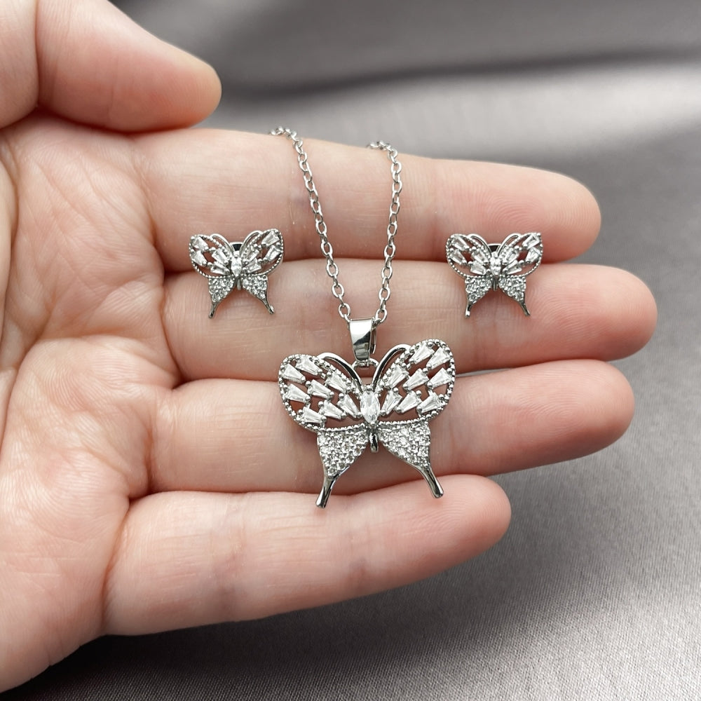 Rhodium Gold Filled Earring and Pendant Adult Set, Butterfly and Baguette Design, with White Cubic Zirconia and White Micro Pave, Polished, Rhodium Finish