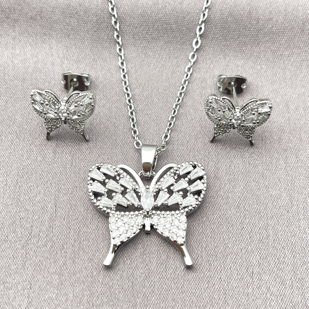 Rhodium Gold Filled Earring and Pendant Adult Set, Butterfly and Baguette Design, with White Cubic Zirconia and White Micro Pave, Polished, Rhodium Finish