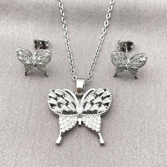 Rhodium Gold Filled Earring and Pendant Adult Set, Butterfly and Baguette Design, with White Cubic Zirconia and White Micro Pave, Polished, Rhodium Finish