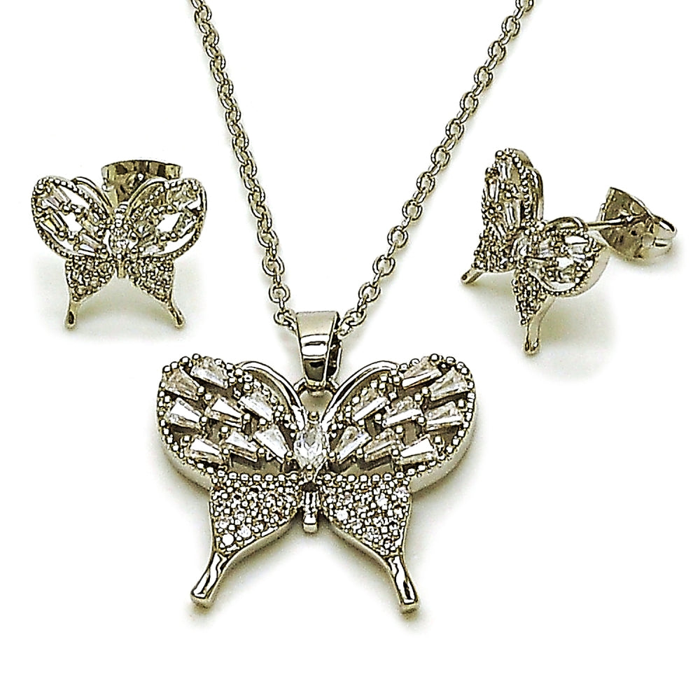 Rhodium Gold Filled Earring and Pendant Adult Set, Butterfly and Baguette Design, with White Cubic Zirconia and White Micro Pave, Polished, Rhodium Finish