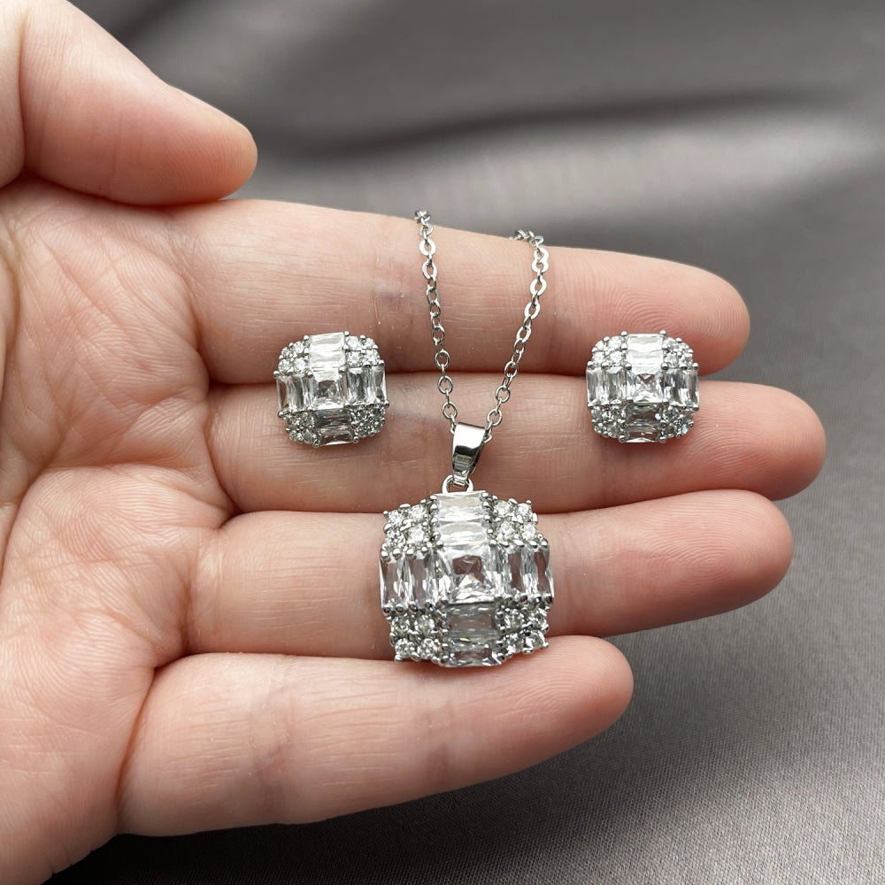 Rhodium Gold Filled Earring and Pendant Adult Set, Cluster Design, with White Cubic Zirconia, Polished, Rhodium Finish