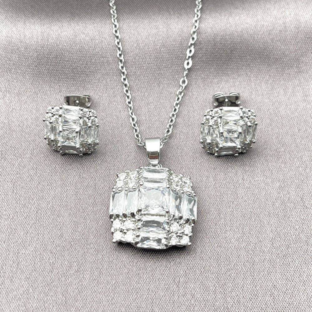 Rhodium Gold Filled Earring and Pendant Adult Set, Cluster Design, with White Cubic Zirconia, Polished, Rhodium Finish