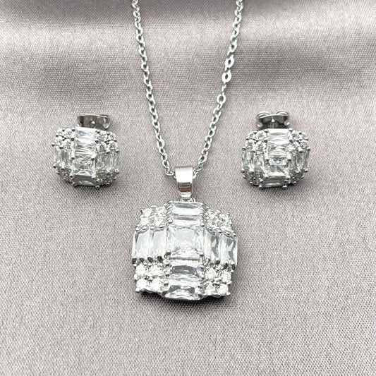 Rhodium Gold Filled Earring and Pendant Adult Set, Cluster Design, with White Cubic Zirconia, Polished, Rhodium Finish