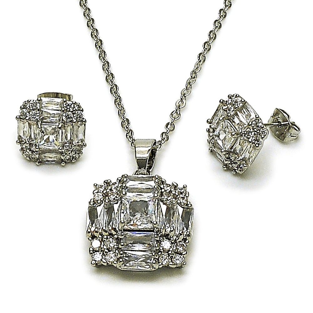 Rhodium Gold Filled Earring and Pendant Adult Set, Cluster Design, with White Cubic Zirconia, Polished, Rhodium Finish