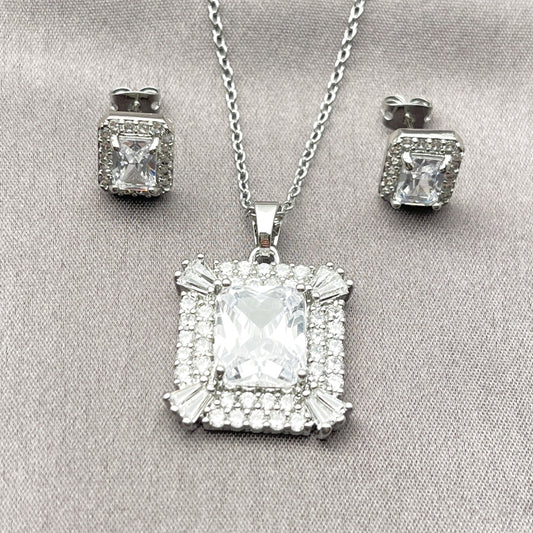 Rhodium Gold Filled Earring and Pendant Adult Set, Cluster and Baguette Design, with White Cubic Zirconia, Polished, Rhodium Finish