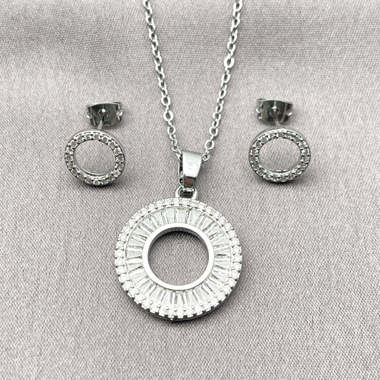 Rhodium Gold Filled Earring and Pendant Adult Set, Baguette Design, with White Cubic Zirconia and White Micro Pave, Polished, Rhodium Finish