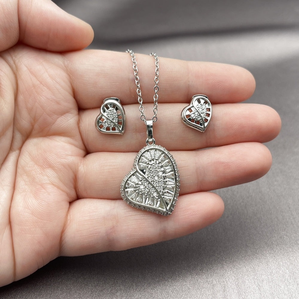 Rhodium Gold Filled Earring and Pendant Adult Set, Heart and Cluster Design, with White Cubic Zirconia, Polished, Rhodium Finish