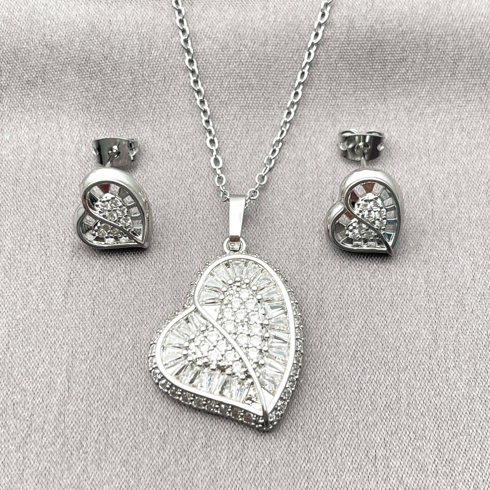 Rhodium Gold Filled Earring and Pendant Adult Set, Heart and Cluster Design, with White Cubic Zirconia, Polished, Rhodium Finish