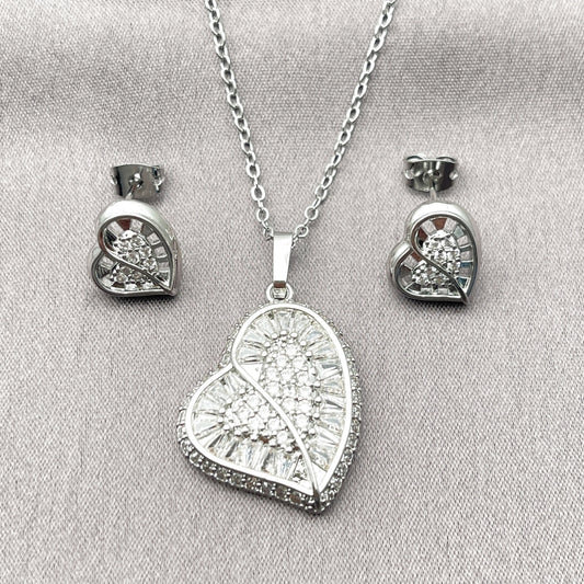 Rhodium Gold Filled Earring and Pendant Adult Set, Heart and Cluster Design, with White Cubic Zirconia, Polished, Rhodium Finish