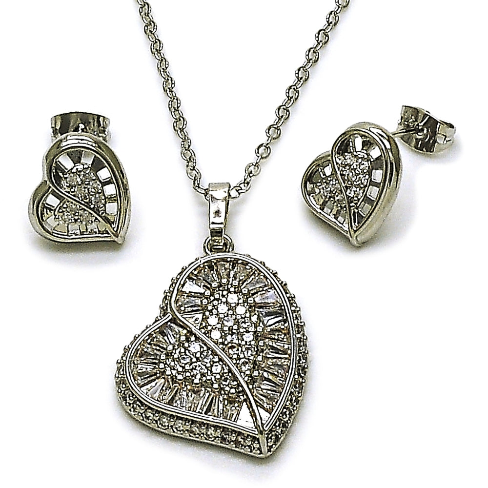 Rhodium Gold Filled Earring and Pendant Adult Set, Heart and Cluster Design, with White Cubic Zirconia, Polished, Rhodium Finish