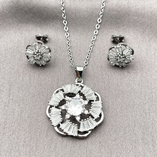 Rhodium Gold Filled Earring and Pendant Adult Set, Flower and Baguette Design, with White Cubic Zirconia, Polished, Rhodium Finish