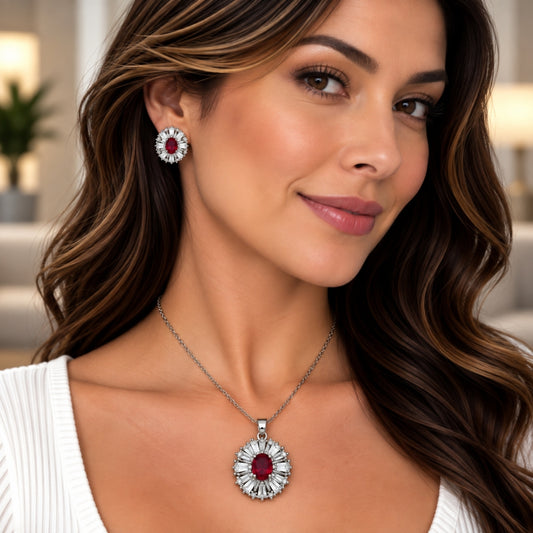 White Gold Filled Earring and Pendant Adult Set, Cluster and Baguette Design, with Garnet and White Cubic Zirconia, Polished, Rhodium Finish