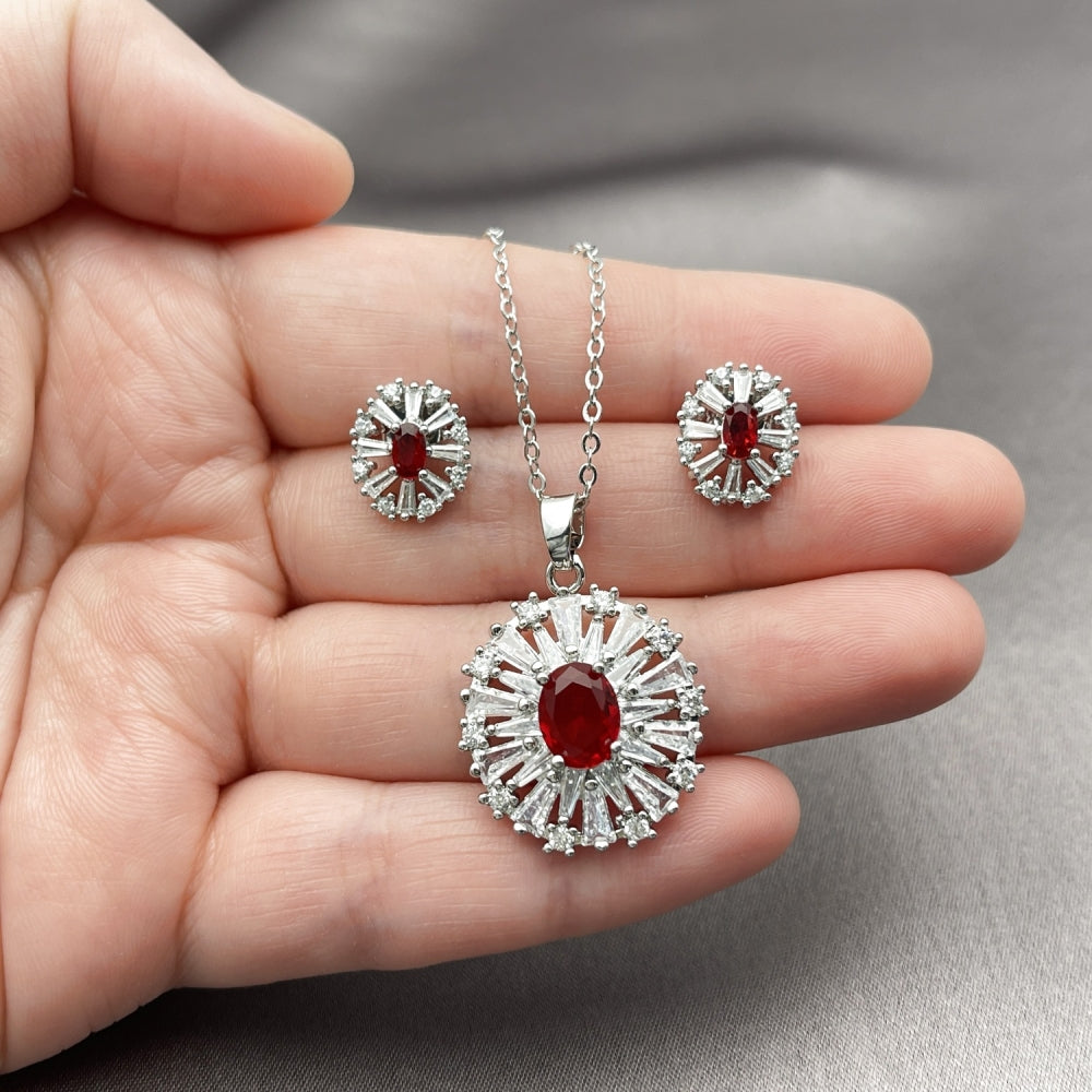 White Gold Filled Earring and Pendant Adult Set, Cluster and Baguette Design, with Garnet and White Cubic Zirconia, Polished, Rhodium Finish