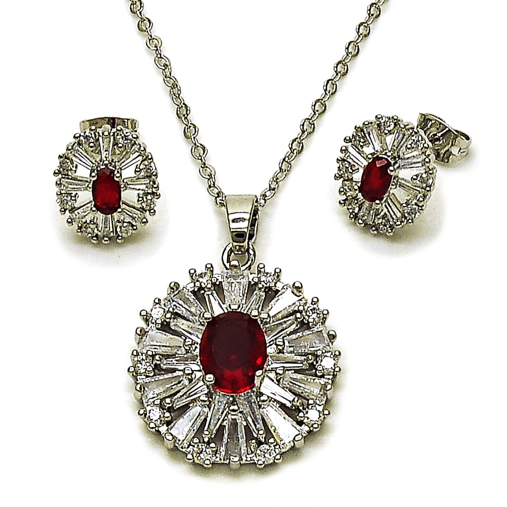 White Gold Filled Earring and Pendant Adult Set, Cluster and Baguette Design, with Garnet and White Cubic Zirconia, Polished, Rhodium Finish