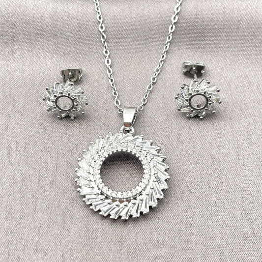 Rhodium Gold Filled Earring and Pendant Adult Set, Baguette Design, with White Cubic Zirconia and White Micro Pave, Polished, Rhodium Finish