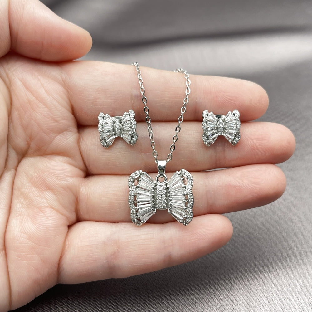 Rhodium Gold Filled Earring and Pendant Adult Set, Bow and Baguette Design, with White Cubic Zirconia and White Micro Pave, Polished, Rhodium Finish