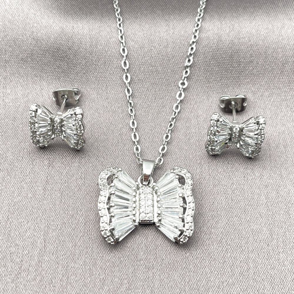 Rhodium Gold Filled Earring and Pendant Adult Set, Bow and Baguette Design, with White Cubic Zirconia and White Micro Pave, Polished, Rhodium Finish