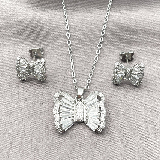 Rhodium Gold Filled Earring and Pendant Adult Set, Bow and Baguette Design, with White Cubic Zirconia and White Micro Pave, Polished, Rhodium Finish