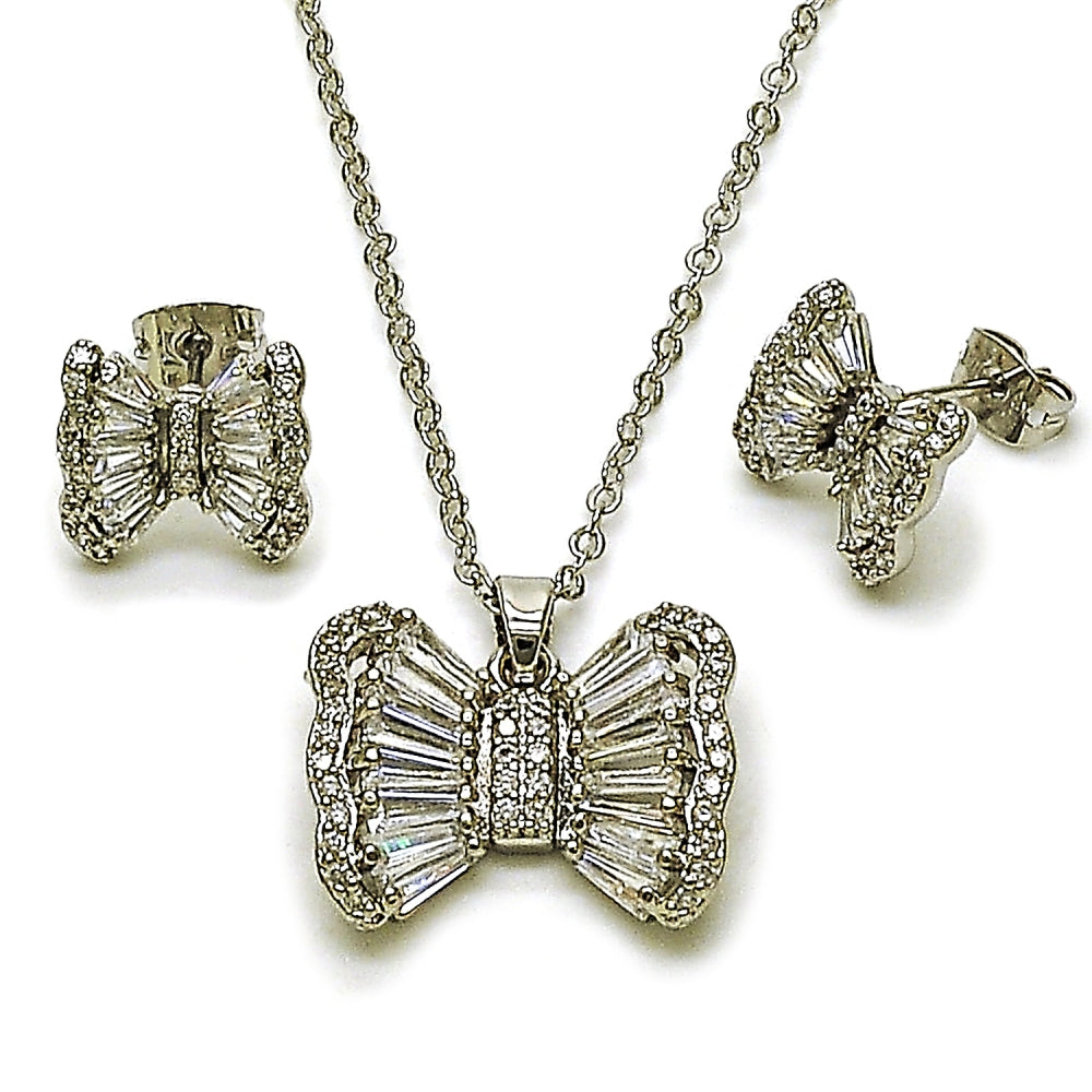 Rhodium Gold Filled Earring and Pendant Adult Set, Bow and Baguette Design, with White Cubic Zirconia and White Micro Pave, Polished, Rhodium Finish