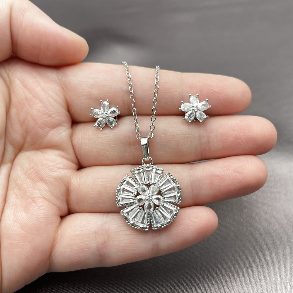 Rhodium Gold Filled Earring and Pendant Adult Set, Flower and Cluster Design, with White Cubic Zirconia, Polished, Rhodium Finish