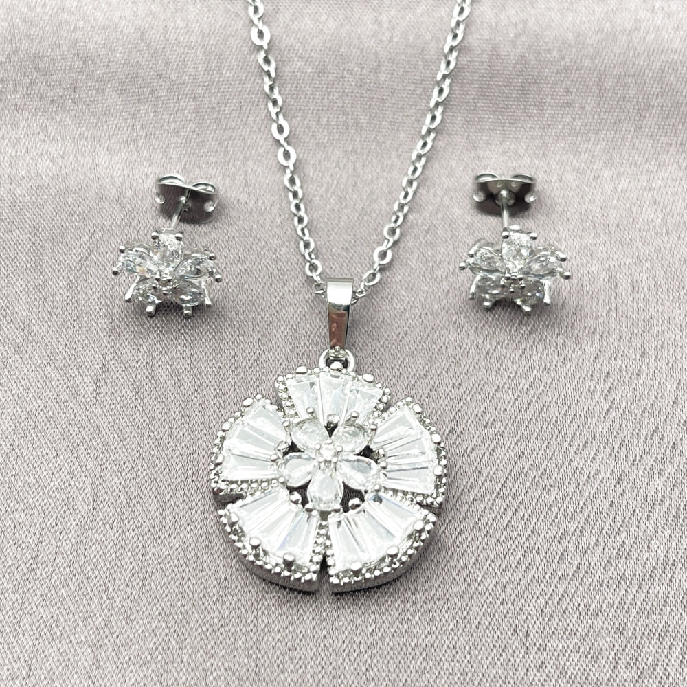 Rhodium Gold Filled Earring and Pendant Adult Set, Flower and Cluster Design, with White Cubic Zirconia, Polished, Rhodium Finish