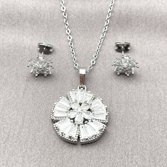 Rhodium Gold Filled Earring and Pendant Adult Set, Flower and Cluster Design, with White Cubic Zirconia, Polished, Rhodium Finish