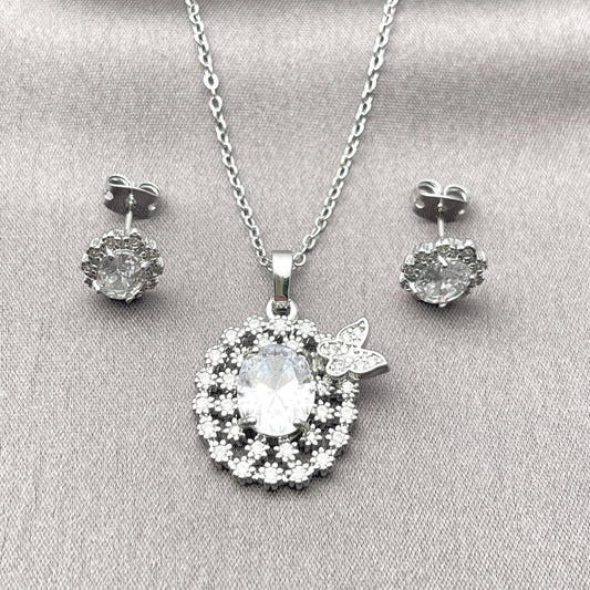 Rhodium Gold Filled Earring and Pendant Adult Set, Butterfly and Cluster Design, with White Cubic Zirconia, Polished, Rhodium Finish