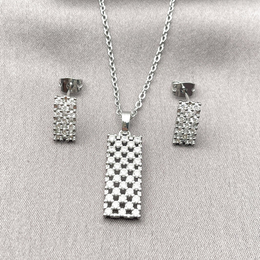 Rhodium Gold Filled Earring and Pendant Adult Set, with White Cubic Zirconia, Polished, Rhodium Finish