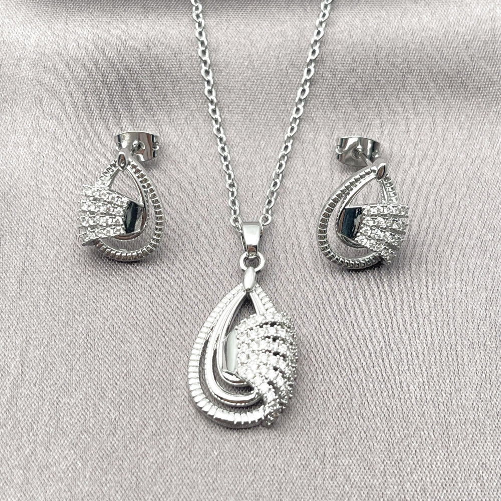 Rhodium Gold Filled Earring and Pendant Adult Set, Teardrop Design, with White Cubic Zirconia, Polished, Rhodium Finish