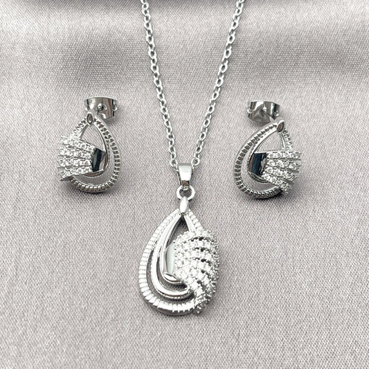 Rhodium Gold Filled Earring and Pendant Adult Set, Teardrop Design, with White Cubic Zirconia, Polished, Rhodium Finish