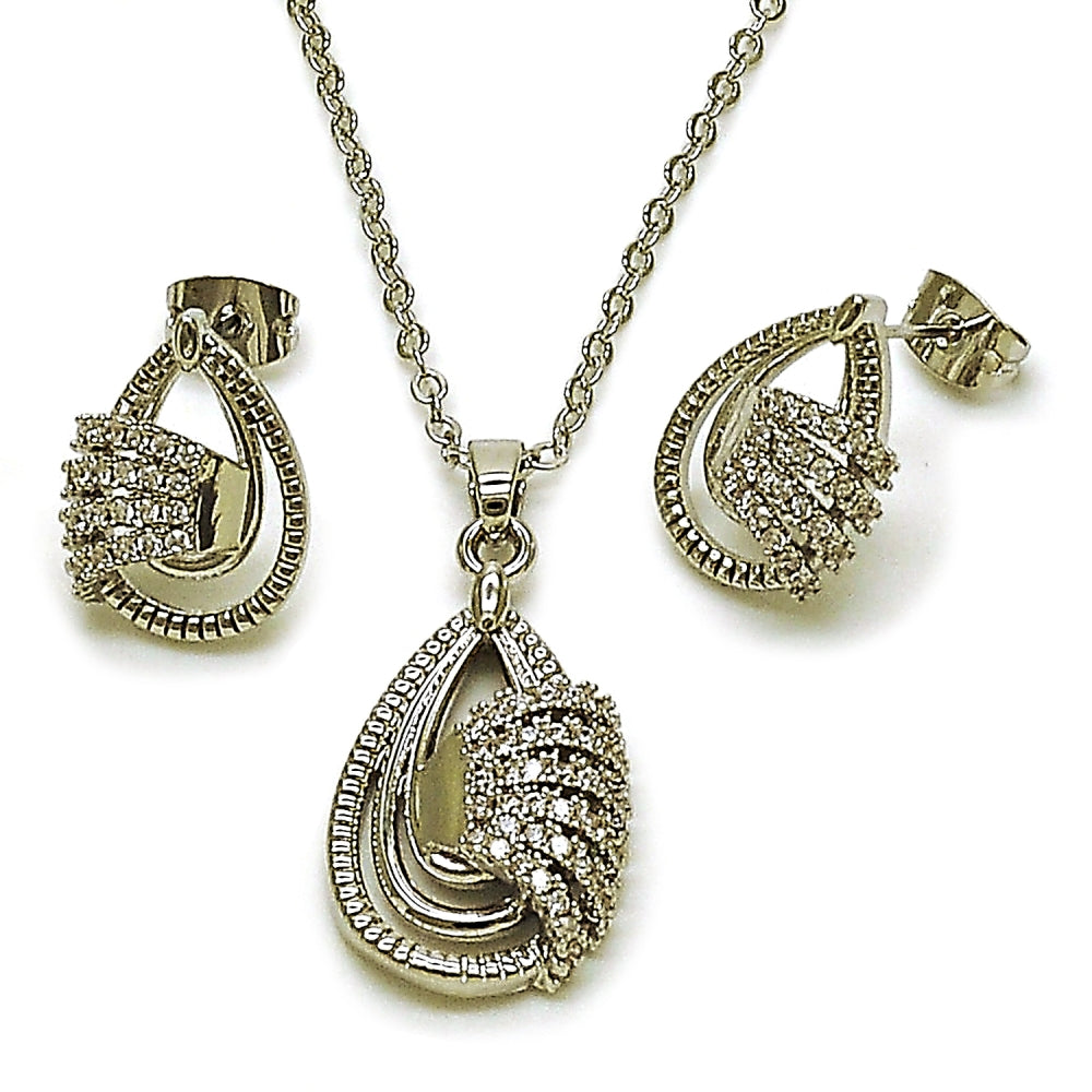 Rhodium Gold Filled Earring and Pendant Adult Set, Teardrop Design, with White Cubic Zirconia, Polished, Rhodium Finish