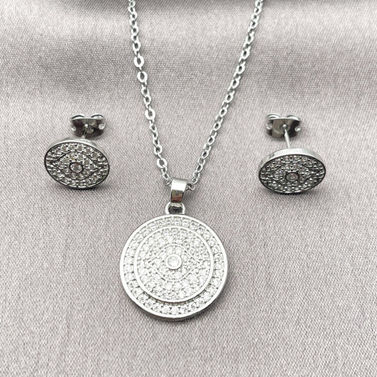 Oro Laminado Earring and Pendant Adult Set, Gold Filled Style Cluster Design, with White Cubic Zirconia, Polished, Golden Finish