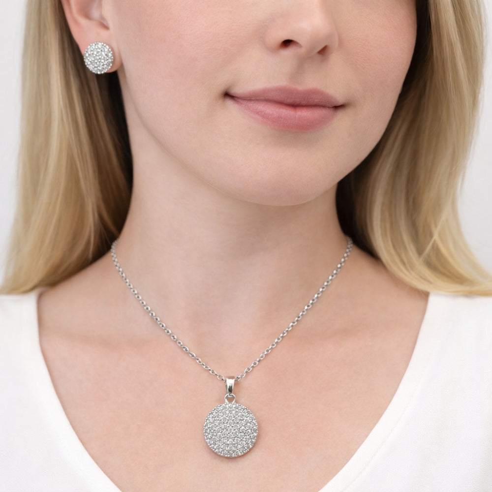 Rhodium Gold Filled Earring and Pendant Adult Set, with White Cubic Zirconia, Polished, Rhodium Finish