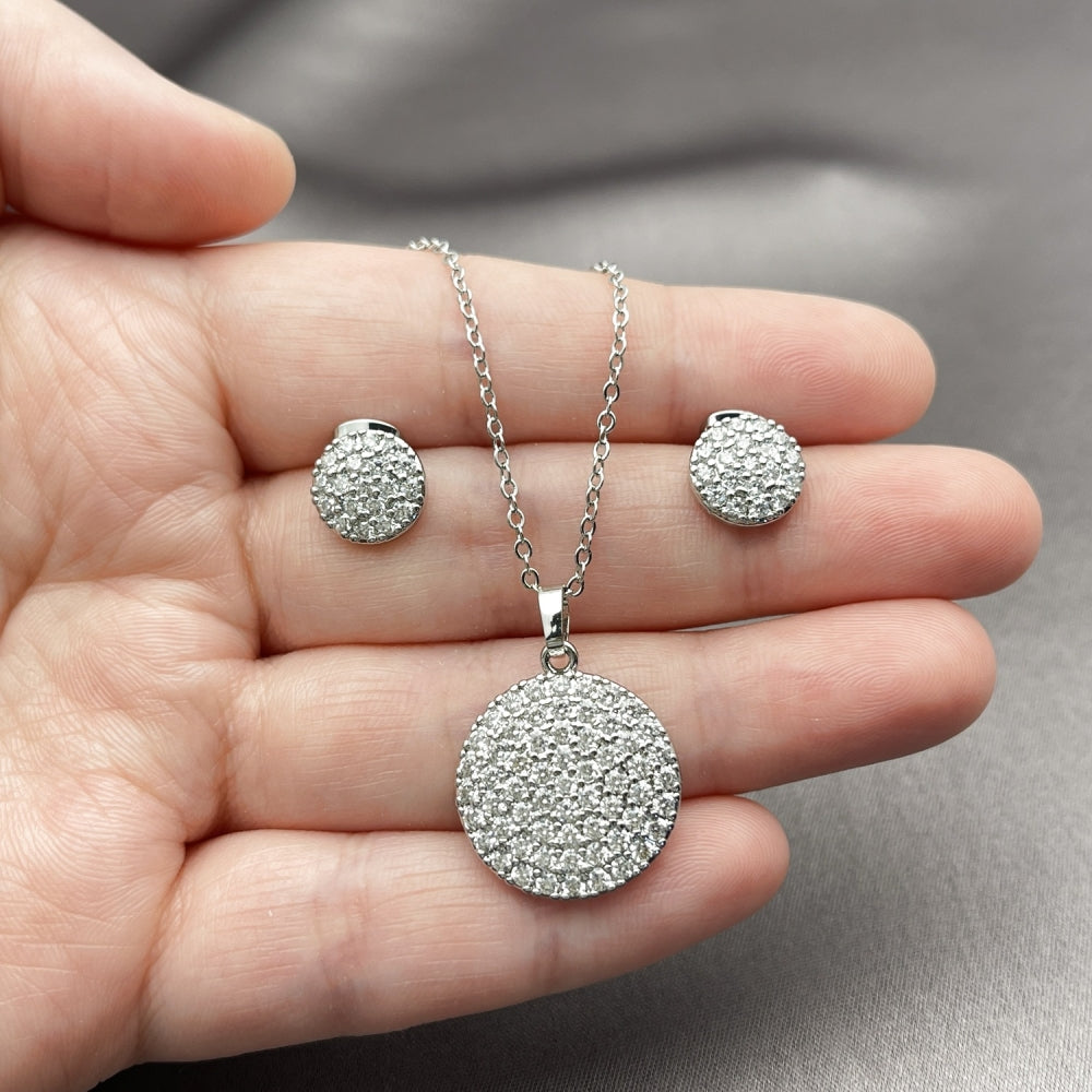 Rhodium Gold Filled Earring and Pendant Adult Set, with White Cubic Zirconia, Polished, Rhodium Finish