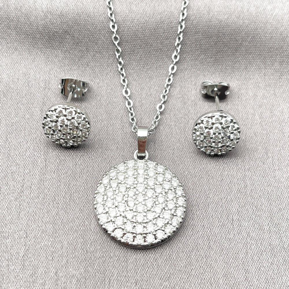 Rhodium Gold Filled Earring and Pendant Adult Set, with White Cubic Zirconia, Polished, Rhodium Finish