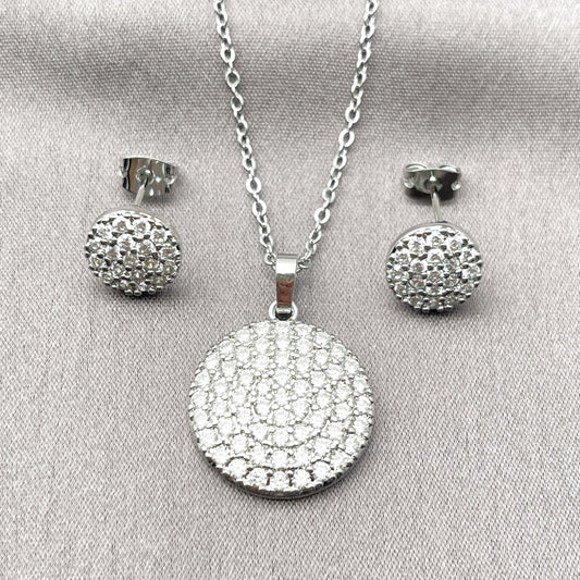 Rhodium Gold Filled Earring and Pendant Adult Set, with White Cubic Zirconia, Polished, Rhodium Finish