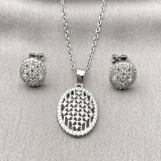 Rhodium Gold Filled Earring and Pendant Adult Set, with White Cubic Zirconia, Polished, Rhodium Finish
