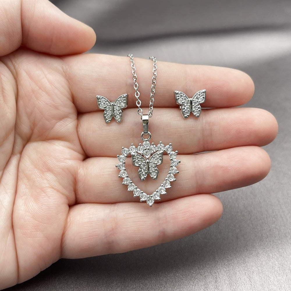 Rhodium Gold Filled Earring and Pendant Adult Set, Heart and Butterfly Design, with White Cubic Zirconia, Polished, Rhodium Finish